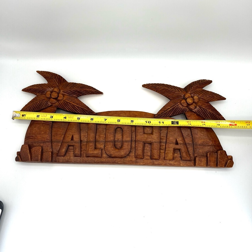Hawaiian Aloha Hand Made Wall Hanging Decor Plaque Wood Carving Sign Palm Tree - Picture 7 of 8